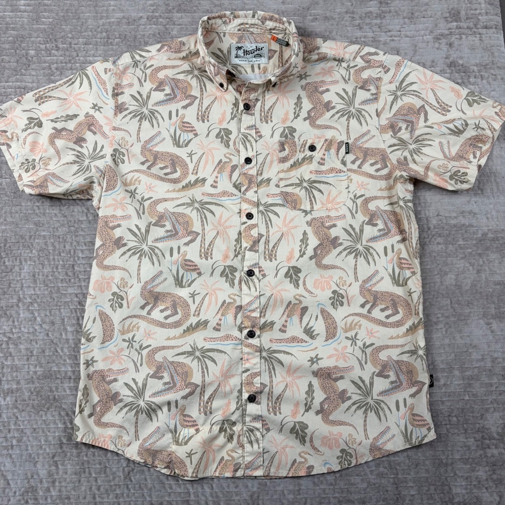 Howler Brothers H Bar B Snapshirt Mens Large Gator Palm Print Button Down Tan